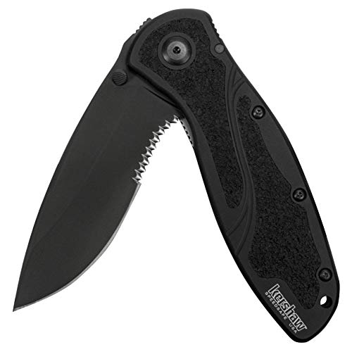 Kershaw Blur Black Serrated (1670BLKST) Folding Knife with AllBlack Body Partially Serrated 34 14C28N Steel Blade Anodized Aluminum Handle with TracTec Grip SpeedSafe Opening Reversible Pocketclip 39 OZ