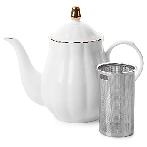 BTaT Porcelain Tea Pot with Stainless Steel Infuser 38 oz White Tea Pot with Gold Trim Teapot with Infuser Porcelain Teapot Tea Brewing Pot Teapots for Loose Tea Tea Pot with Strainer