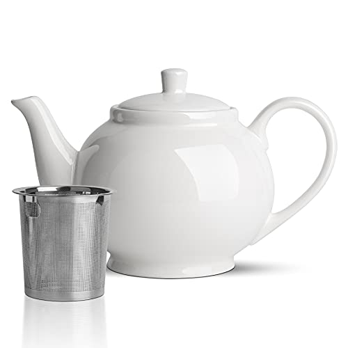 ComSaf Porcelain Teapot with Removable Infuser  Lid 37oz(45 Cups) Large Tea Pot with Stainless Steel Fine Mesh Infuser Ceramic Tea Maker with Strainer for Loose Leaf Tea or Bags White