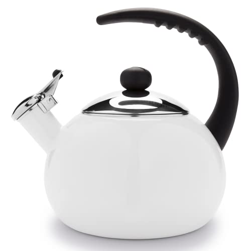Farberware Luna Water Kettle Whistling Tea Pot Works For All Stovetops Food Grade Stainless Steel BPAFree RustProof Stay Cool Handle 25qt (10 Cups) Capacity (White)