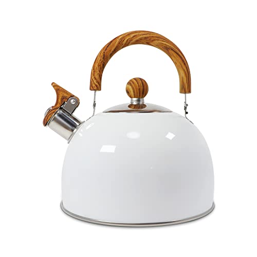 Jiooil Bear Tea Kettle 26 Quart  25 Liter Whistling Tea Pot for StovetopTea Kettles Stove Top with Cool Grip Ergonomic Handle Stainless Steel Teapot Pearl White