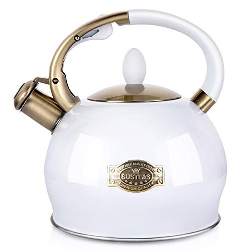 SUSTEAS Stove Top Whistling Tea KettleSurgical Stainless Steel Teakettle Teapot with Cool Touch Ergonomic Handle1 Free Silicone Pinch Mitt Included264 Quart(WHITE)