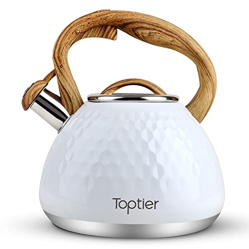 Tea Kettle Toptier Teapot Whistling Kettle with Wood Pattern Handle Loud Whistle Food Grade Stainless Steel Tea Pot for Stovetops Induction Diamond Design Water Kettle 27Quart White