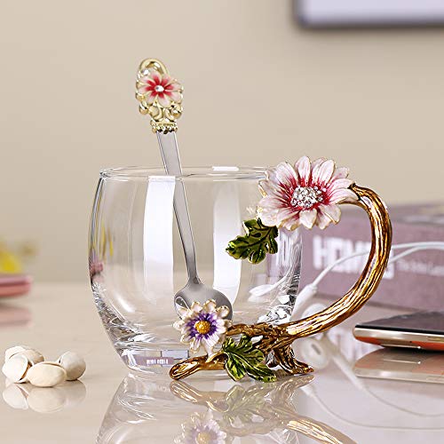 JYDanbady Enamel Sunflower Crystal LeadFree Glass Tea Cup with Spoon Set Present for The Christmas Valentines DayBest Present for Mother Grandma Girlfriend Sister