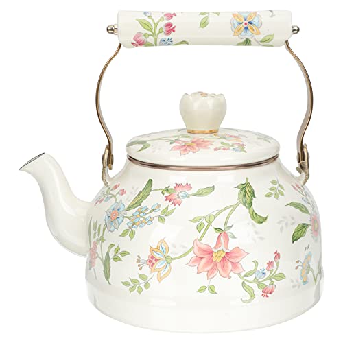 UPKOCH Enamel Teapot Floral Enamelware Tea Kettle Stovetop Tea Kettle Induction Teapot Coffee Jug Hot Water Kettle Camping Enamel Kitchenware for Loose Tea 25L