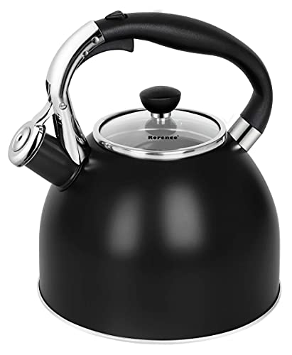 Rorence Whistling Tea Kettle 25 Quart Stainless Steel Kettle with Capsule Bottom  Heatresistant Glass Lid (Black)
