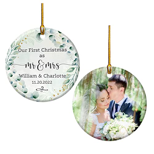 Magizak Personalized Photo Christmas Ornaments Our First Christmas As Mr Mrs Custom Ceramic Ornament with Picture for Couple Family Friends Xmas Tree Hanging Decorations Keepsake Gifts