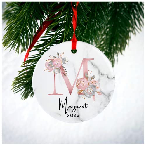 Personalized Christmas Initial Ornaments with Name  Year Date  5 Optional Floral Initial Designs  Custom 3 Ceramic Ornament for Christmas Tree Xmas 2022 Initial Ornaments for Keepsake