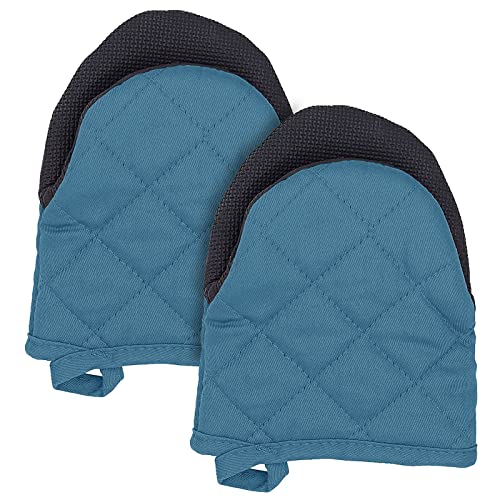 Kytree 2pcs Oven Mitts Heat Resistant Silicone Kitchen Mini Oven Mitts for 500 Degrees NonSlip Grip Hanging Loop Cotton Oven Gloves for Baking Cooking Grilling Barbecue Microwave(Blue)