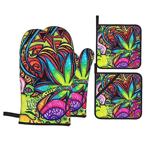Multicolor Marijuana Leaf Weed Art Oven Mitts and Pot Holders SetsWashable Heat Resistant Kitchen NonSlip Printed Grip Oven Gloves for Microwave BBQ Cooking Baking Grilling