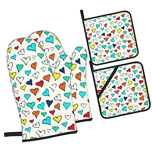 Oven Mitts and Pot Holders 4Piece Sets Love  Hearts Microwave Gloves and Waterproof Potholders Set Heat Resistant Kitchen Gloves NonSlip Hot Pads for Cooking Baking Grilling BBQ Camping