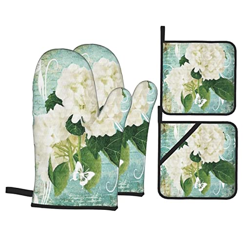 Oven Mitts and Pot Holders Sets of 4White Hydrangea Flowers On Blue Decorative DesignOven Mitts Heat Resistant Oven Gloves Set Potholders for Kitchen Baking Grilling