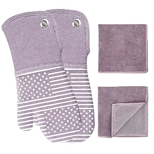 YarnDyed Oven Mitts Silicone Printing and Kitchen Towels 4 pcs Set Heat Resistant to 470 Degree NonSlip Kitchen GlovesPot Holders for Cooking Barbecue and Machine Washable (Purple Oven Mitts)
