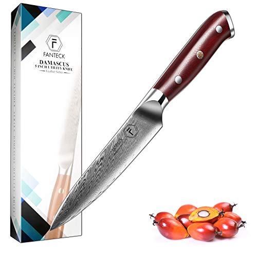 5InchUtility Paring Knife FANTECK Fruit Knife Damascus Stainless Steel VG10 Pro Razor Sharp Blade High Carbon 67Layer Kitchen Cutlery Cutting Chef Fruit Utility Knife Gift BoxRose Wood Handle