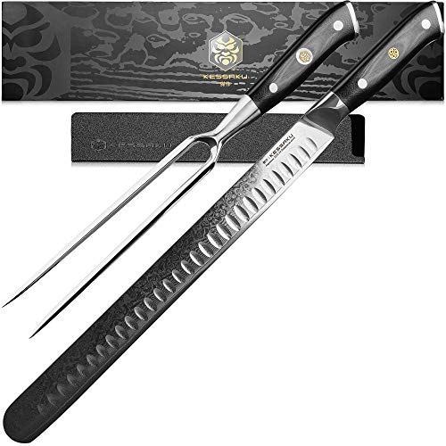 Kessaku 12Inch Carving Slicing Knife  7Inch Meat Fork Set  Dynasty Series  67Layer AUS10V Japanese Damascus Steel  Granton Edge  G10 Full Tang Handle