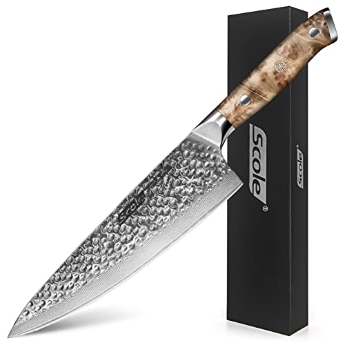 SCOLE Damascus Chef Knife 8 Inch Japanese Chefs Knife with Premium White Shadow Wood Handle Razor Sharp Kitchen Chef Knife 67 Layers VG10 Super Damascus Steel Triple Rivet Full Tang Gift Box