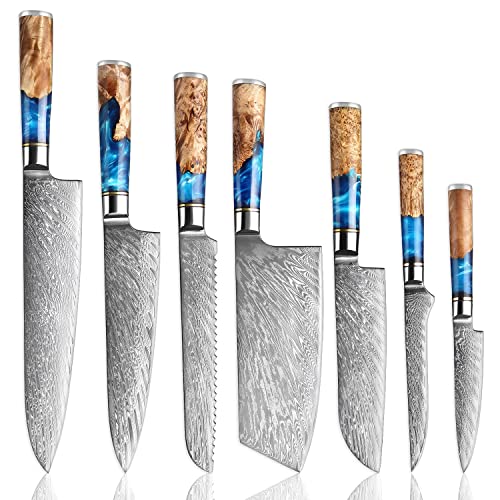 SENKEN 7Piece Damascus Kitchen Knife Set  Tsunami Collection  67Layer Japanese VG10 Steel  Chefs Knife Cleaver Knife Bread Knife Santoku Knife Boning Knife  More Luxury Gift Box