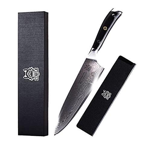 ZINPLE Damascus Chef Knife 8 In Professional Chefs Knife High Carbon VG10 Super Steel 67Layer Damascus Kitchen Knife Meat Cutting Japanese Chef Knife Hardened Knife Gift Box Ergonomic G10 Handle