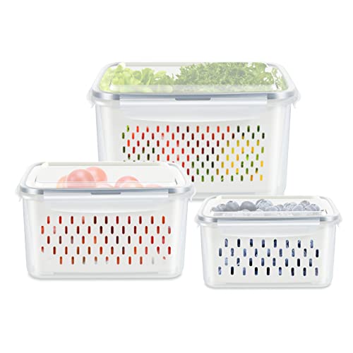 3 Pack Fruit Storage Containers for Fridge Produce Saver Vegetable Container with Drain Colanders  Refrigerator Organizer for Lettuce Berry Keepers