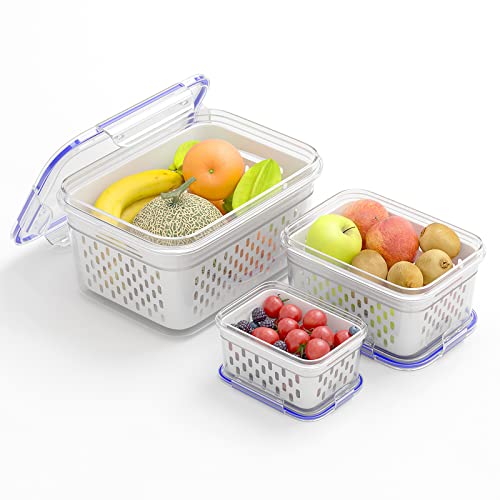 3 Pack Fruit Storage Containers for Fridge SKD Plastic Fruit Vegetable Storage Container With Drain Basket BPAfree Plastic Microwave and Dishwasher Safe Produce Saver Containers for Refrigerator