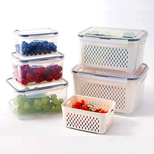 5 PCS Large Fruit Containers for Fridge  Leakproof Food Storage Containers with Removable Colander  Dishwasher  microwave safe Produce Containers Keep Fruits Vegetables Berry Meat Fresh longer