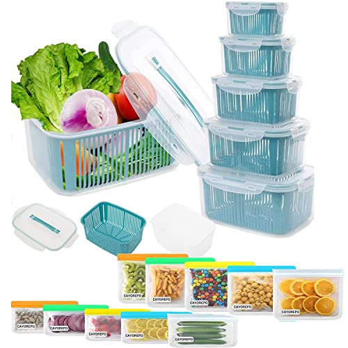 CAYOREPO 5 Packs Storage Containers for Refrigerator with 10 Pcs Reusable Food Storage Bags Fruit Containers for Fridge Produce Containers for Fridge ​for Veggie Berry Fruits Vegetables