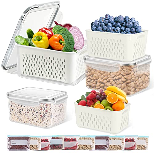 Fresh Vegetable Fruit Storage Containers for Fridge  BPAFree Plastic Produce Saver Containers for Fridge and 10 Pcs Reusable Food Storage Bags Refrigerator Organizer Bins with Lid  Colander for Fruit Lettuce Berry Salad (3 pack)