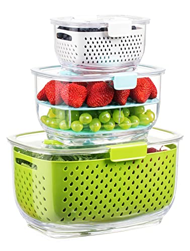 LUXEAR Fresh Produce Vegetable Fruit Storage Containers 3Piece Set BPAfree Fridge Storage Container Partitioned Salad Container Fridge Organizers Used in Storing Fruits Vegetables Meat Fresh Fish