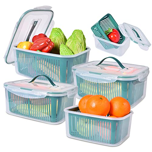 MYWKD Fruit and Vegetable Storage Container for Fridge Produce Saver Containers for Refrigerator Double Layer Drain Basket with Lid Kitchen Romaine Lettuce Berry Salad Container (5pcs Blue)