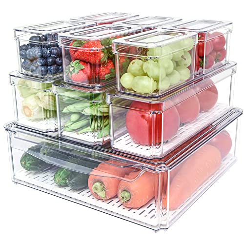Pomeat 10 Pack Fridge Organizer Stackable Refrigerator Organizer Bins with Lids BPAFree Produce Fruit Storage Containers for Fridge Organizers and Storage Clear for Food Drinks Vegetable Storage