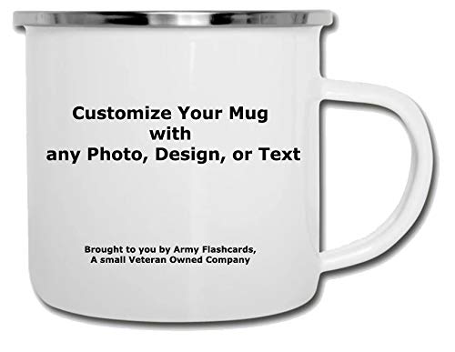 Custom Design Camping Mug  Vintage White Enamel Coated Rolled Steel Coffee Tin  Perfect for Travel Hiking and Camping  Veteran Owned Company