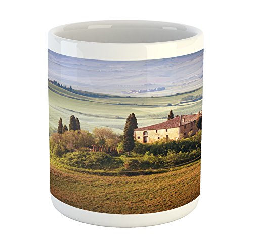 Lunarable Tuscan Mug Tuscany Seen from Stone Village of Montepulciano Italy in Cloudy Day Ceramic Coffee Mug Cup for Water Tea Drinks 11 oz Green Brown