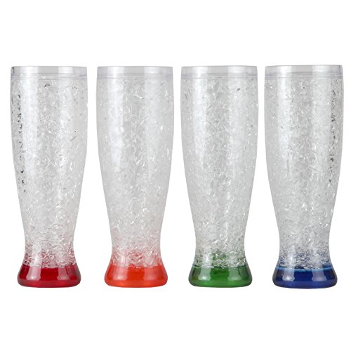 Lilys Home Double Wall GelFilled Acrylic Freezer Beer Glasses Great for Enjoying Brews at BBQs and Parties Clear with Assorted Color Bases (16 oz Each Set of 4)  Pilsner Shape