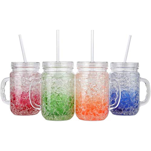Lilys Home Double Wall GelFilled Acrylic Freezer Mason Jar Mugs with Lids and Straws Great as Old Fashion Drinking Glasses at BBQs and Parties Assorted Colors (18 oz Each Set of 4)