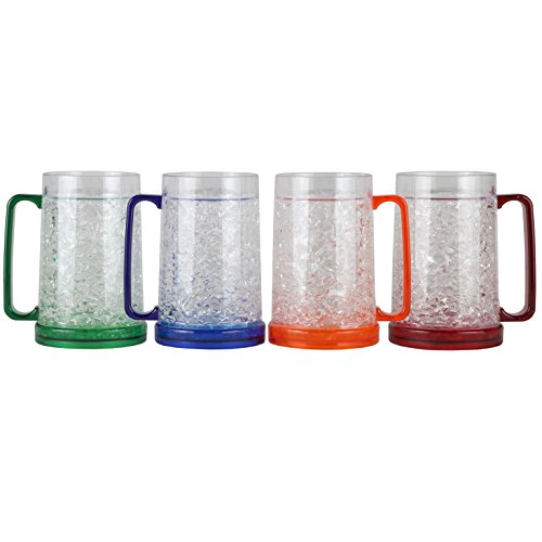 Lilys Home Insulated Double Wall GelFilled Acrylic Frosted Freezer Stein Mugs Great as Old Fashion Drinking Glasses at BBQs and Parties Clear with Assorted Color Accents (16 oz Each Set of 4)