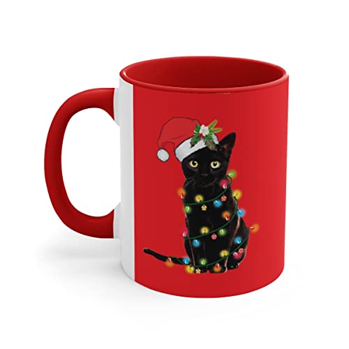Black Santa Cat Tangled Up In Christmas Lights Red Accent Coffee Mug 11oz