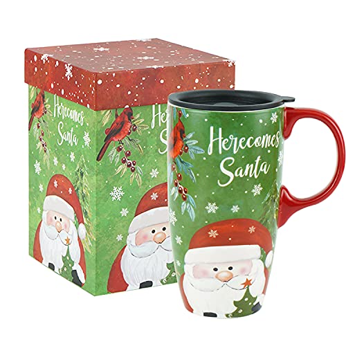Ceramic Travel Mug for Coffee or Tea Sealed Lid 17 oz Santa Claus Xmas Christmas Mug