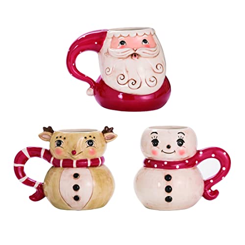 Santa Reindeer Festive Red 12 ounce Ceramic Dolomite Christmas Mugs Set of 3