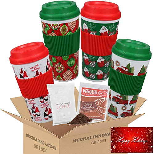 Muchai Innovations Holiday Travel Mug Gift Set  Christmas Themed Design  4 Double Wall Plastic Tumblers Lids  Sleeves Plus Free Coffee  Cocoa Samplers  Gift Tag  16 Oz