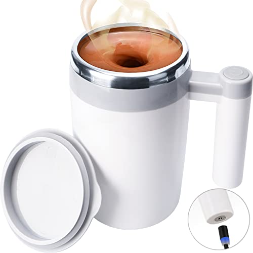Self Stirring MugRechargeable Auto Magnetic Coffee Mug with 2Pc Stir BarWaterproof Automatic Mixing Cup for MilkCocoa at OfficeKitchenTravel 14oz Best Gift  White