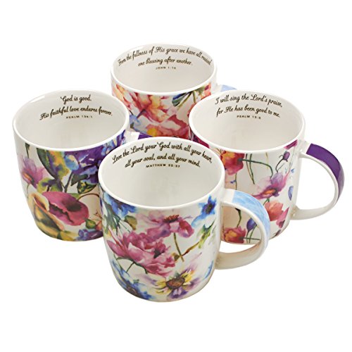 Christian Art Gifts Ceramic CoffeeTea Mug Set for Women  Seeds of Love Garden Blooms Design Bible Verse Mug Set  Boxed Set4 Coffee Cups