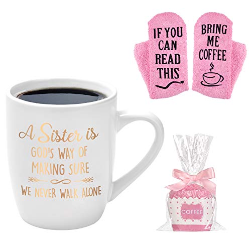 Sister Gift Sister Coffee Mug A Sister is Gods Way of Making Sure We Walk Alone Thanksgiving Birthday Gifts for Sister Gifts for Sister Sis Funny Mug Gold Printing with Sock 12 Oz