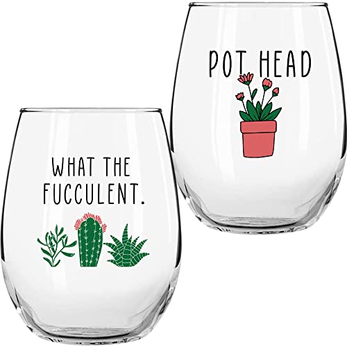 Succulent Plant Cactus Gifts for Women Set of 2 Funny Wine Glasses 15oz  Plant Lover Gift Mug  What the Fucculent Pot Head Crazy  Plant Lady Wine Glass Tumbler  Custom Stemless Wine Glasses