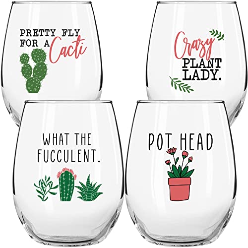 Succulent Plant Cactus Wine Gifts for Women Set of 4 Funny Wine Glasses 15oz  Plant Lover Gift Mug  What the Fucculent Crazy Plant Lady Glass Tumbler  Stemless Glasses Housewarming Gift
