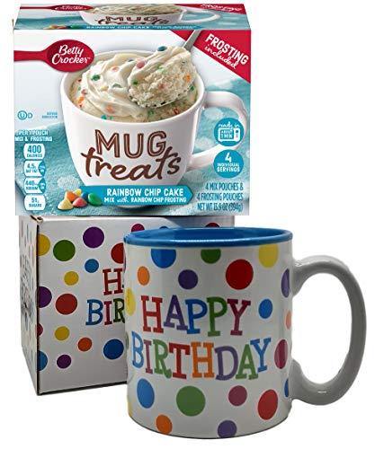Happy Birthday Mug In Gift Box with 4 Mug Cake Mix Pouches Bundle (Confetti)