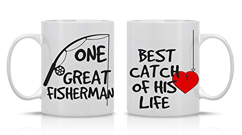 One Great Fisherman Best Catch Of His Life Couples Mug  Funny Couple Mug  (2) 11OZ Coffee Mug  Funny Mug Gift Set  Mugs For Husband and Wife  Him And Her Gifts  By AW Fashions