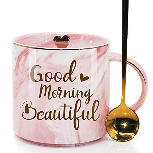 SUUURAOO Good Morning Beautiful Novelty Coffee Mug Gifts for Her Beautiful Woman Lady Fashion Lover Girl Pretty Mom Grandma Aunt Daughter Best Friend Ever Pink Marble Ceramic Coffee Cup 115oz
