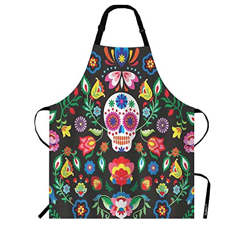 Beabes Mexican Sugar Skull Floral Kitchen Bib Apron Vintage Skeleton Head with Color Floral Leaves Polyester Adjustable Apron for Outdoor BBQ Gardening 27 X 31 for Chef Waitress