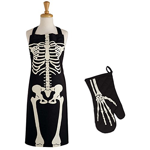 DII Halloween Cooking  Baking Collection Kitchen Accessories Apron  Oven Mitt Set Skeleton 2 Piece