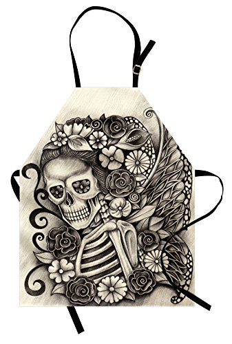 Lunarable Day of The Dead Apron Spanish Mexican Festival Theme Skeleton Girl with Flowers Print Unisex Kitchen Bib with Adjustable Neck for Cooking Gardening Adult Size Dimgrey Beige